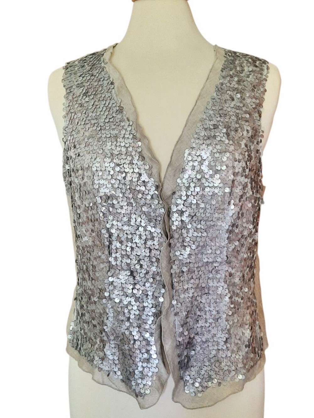 BIANCA Gray Linen Ruffle Trimmed Vest w/Silver Sequins Hook & Eye Closure Sz 10